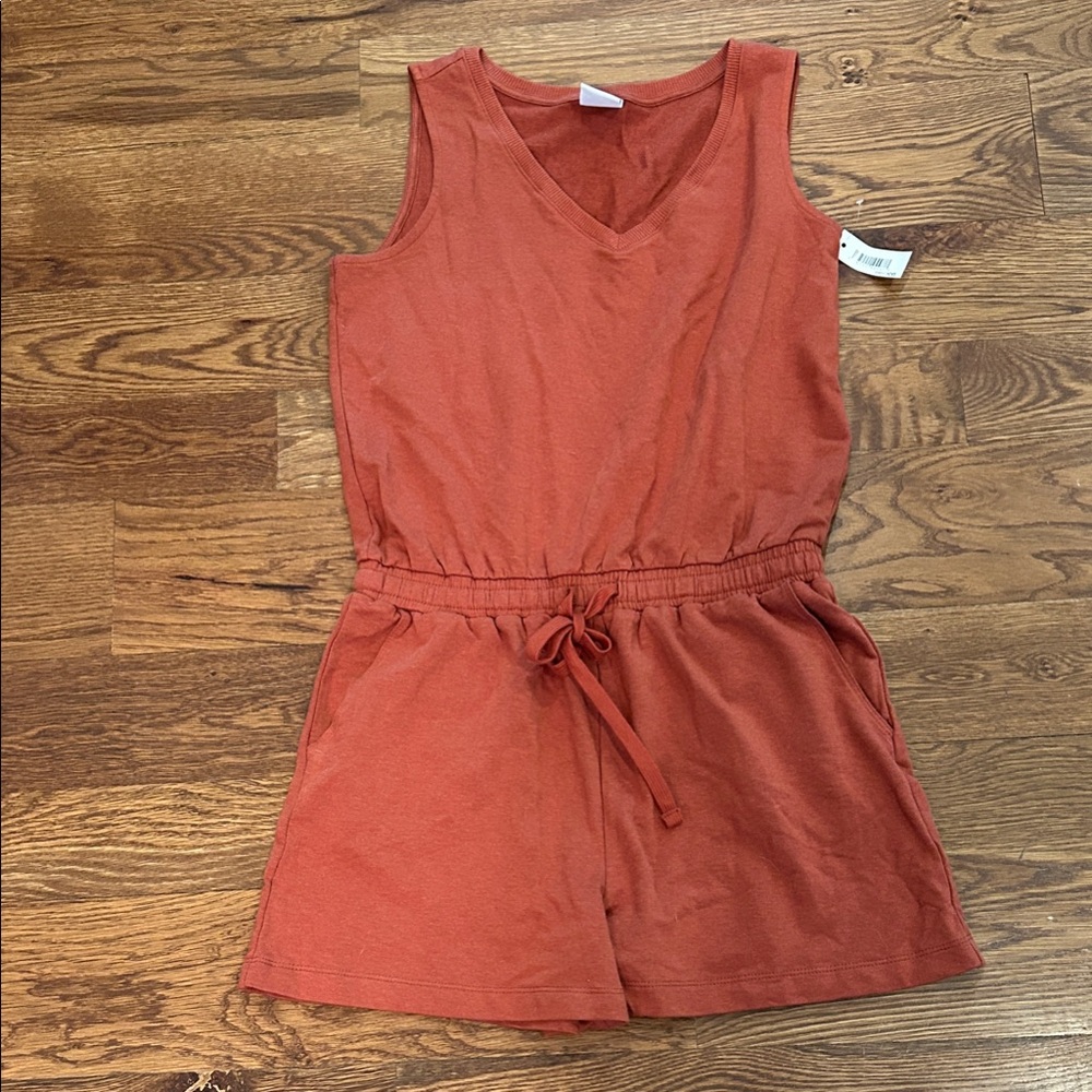 Women’s Rust Sleeveless Knit Romper - Casual Drawstring Shorts